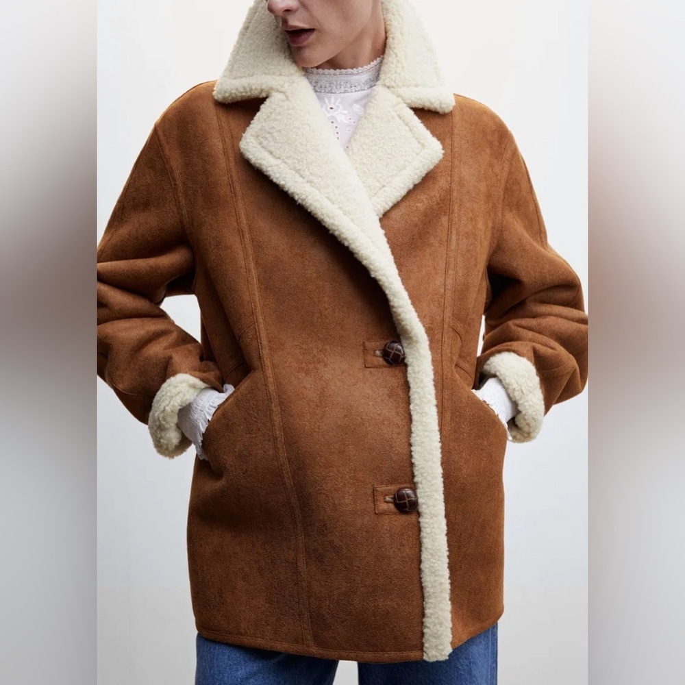MANGO Oversized Cognag Tan Shearling Jacket Coat Size XS - Small Oversized - Picture 3 of 16